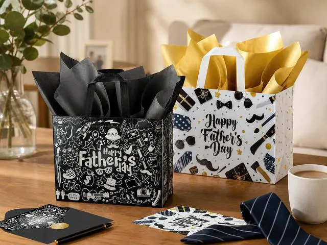 Alt view image 3 of 6 - JWSCYSY 12.6" Father's Day Bag with Tissue Papers and Card, 2Pcs Large Reusable Non-Woven Gift Bags with Handles, Happy Father's Day Bag for Men, Husband, Dad, Grandfather (Black, White)