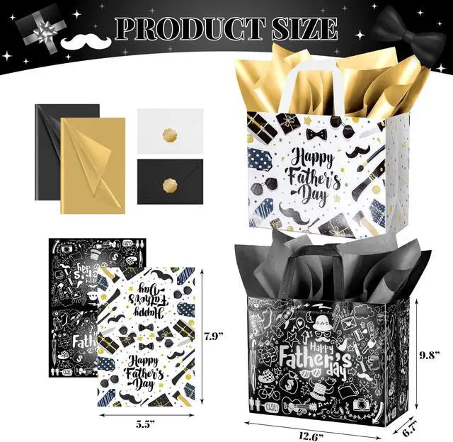 Alt view image 2 of 6 - JWSCYSY 12.6" Father's Day Bag with Tissue Papers and Card, 2Pcs Large Reusable Non-Woven Gift Bags with Handles, Happy Father's Day Bag for Men, Husband, Dad, Grandfather (Black, White)