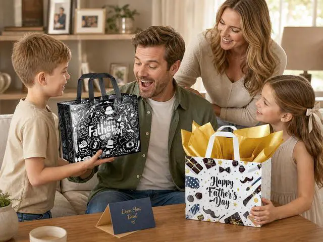 Alt view image 4 of 6 - JWSCYSY 12.6" Father's Day Bag with Tissue Papers and Card, 2Pcs Large Reusable Non-Woven Gift Bags with Handles, Happy Father's Day Bag for Men, Husband, Dad, Grandfather (Black, White)