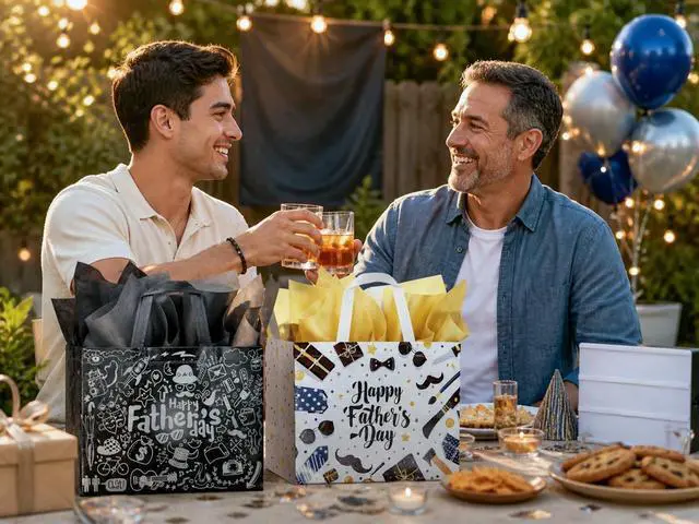 Alt view image 5 of 6 - JWSCYSY 12.6" Father's Day Bag with Tissue Papers and Card, 2Pcs Large Reusable Non-Woven Gift Bags with Handles, Happy Father's Day Bag for Men, Husband, Dad, Grandfather (Black, White)