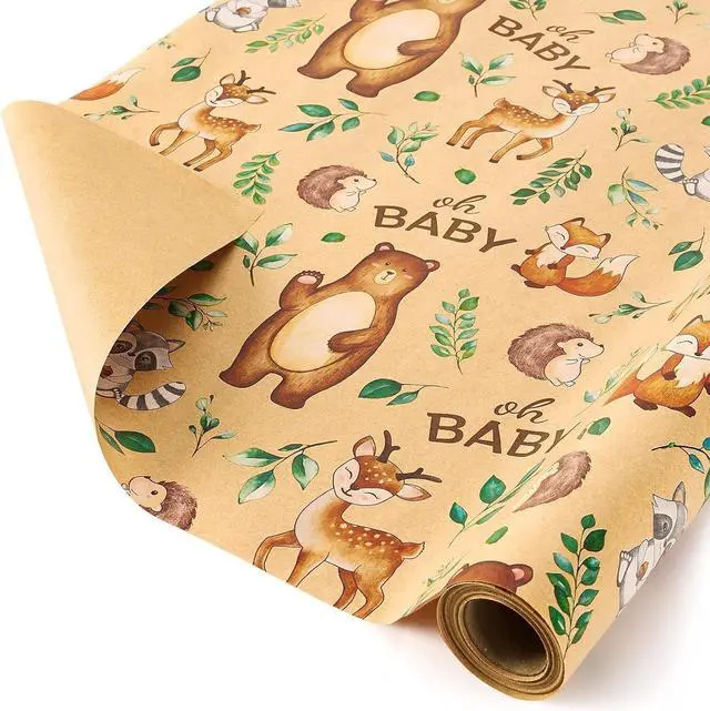Main image of WERNNSAI Baby Shower Kraft Wrapping Paper, 33 ft Brown Woodland Animals