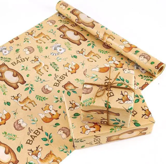 Alt view image 3 of 7 - WERNNSAI Baby Shower Kraft Wrapping Paper, 33 ft Brown Woodland Animals