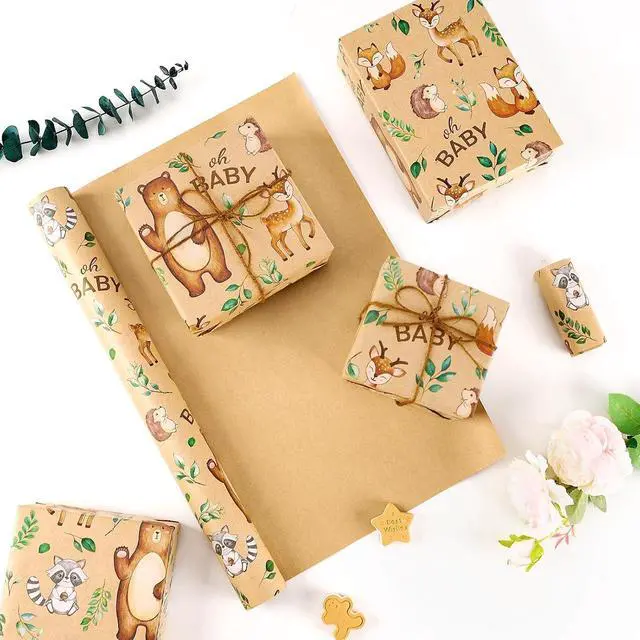 Alt view image 4 of 7 - WERNNSAI Baby Shower Kraft Wrapping Paper, 33 ft Brown Woodland Animals