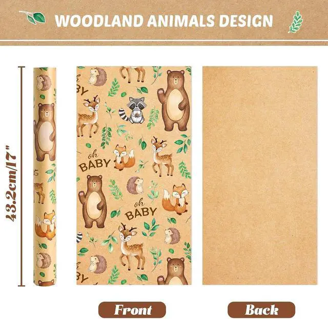 Alt view image 2 of 7 - WERNNSAI Baby Shower Kraft Wrapping Paper, 33 ft Brown Woodland Animals