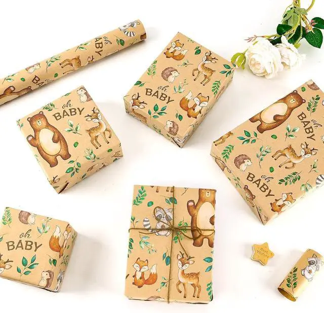 Alt view image 5 of 7 - WERNNSAI Baby Shower Kraft Wrapping Paper, 33 ft Brown Woodland Animals