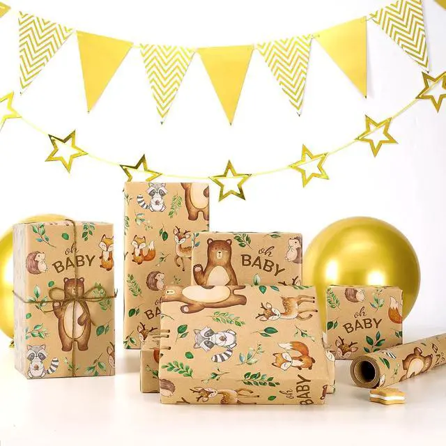 Alt view image 6 of 7 - WERNNSAI Baby Shower Kraft Wrapping Paper, 33 ft Brown Woodland Animals