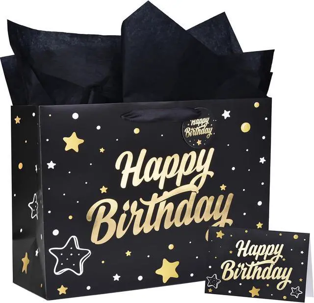 Main image of ZGORENDZ 14'' Large Gift Bag Gold Foil Happy Birthday Party Bag with Tissue Paper, Card, Envelope, Gift Tag