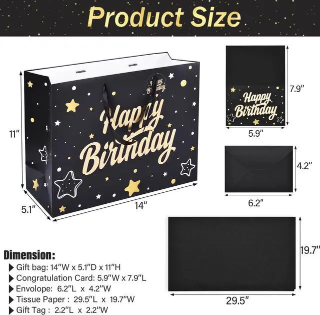 Alt view image 2 of 6 - ZGORENDZ 14'' Large Gift Bag Gold Foil Happy Birthday Party Bag with Tissue Paper, Card, Envelope, Gift Tag