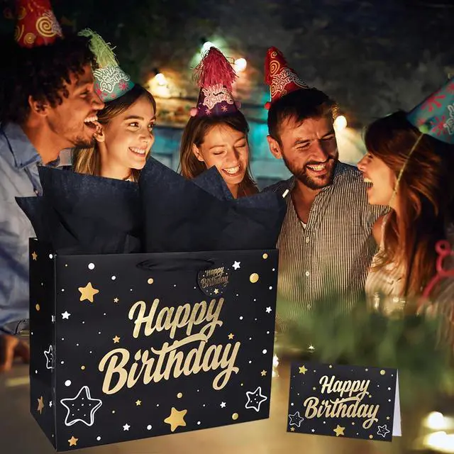Alt view image 3 of 6 - ZGORENDZ 14'' Large Gift Bag Gold Foil Happy Birthday Party Bag with Tissue Paper, Card, Envelope, Gift Tag
