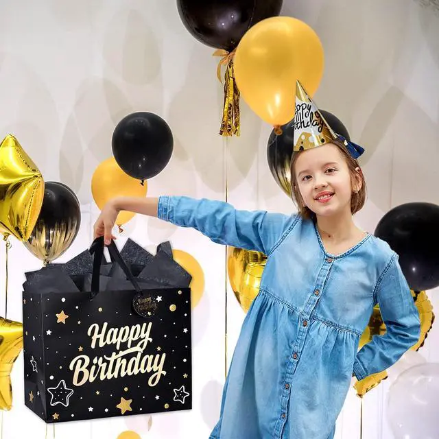 Alt view image 4 of 6 - ZGORENDZ 14'' Large Gift Bag Gold Foil Happy Birthday Party Bag with Tissue Paper, Card, Envelope, Gift Tag