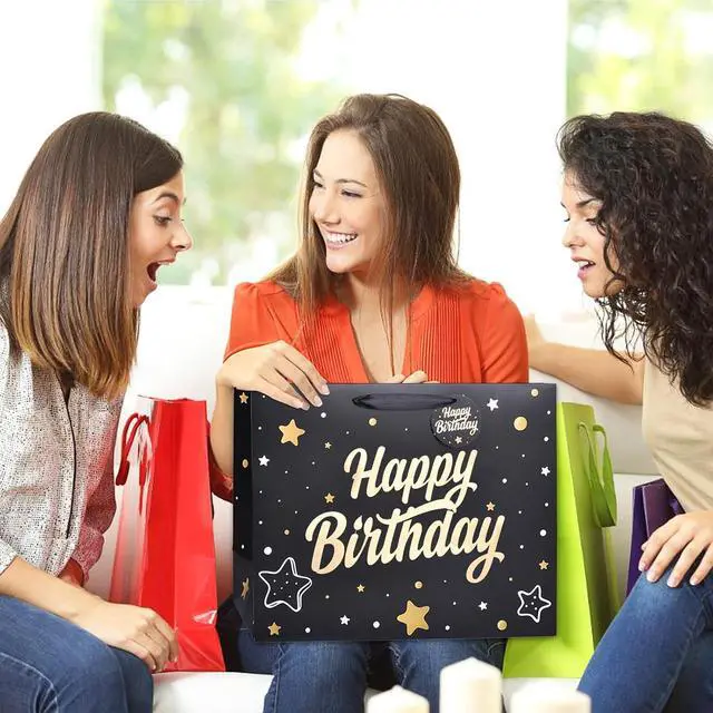 Alt view image 5 of 6 - ZGORENDZ 14'' Large Gift Bag Gold Foil Happy Birthday Party Bag with Tissue Paper, Card, Envelope, Gift Tag