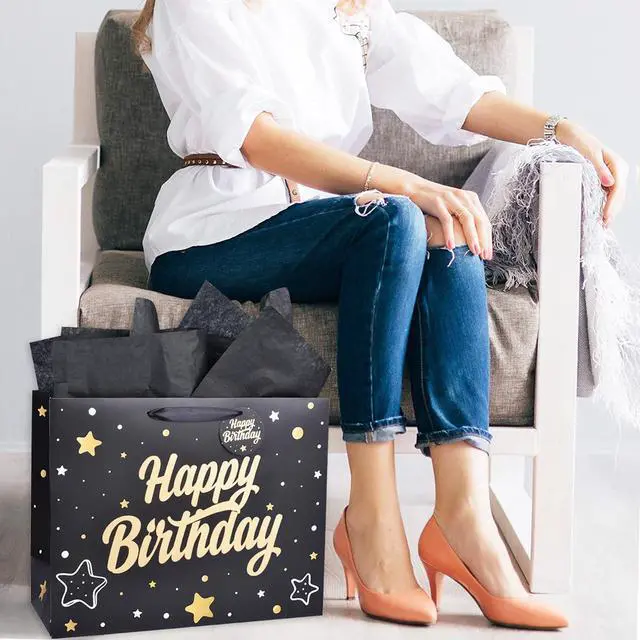 Alt view image 6 of 6 - ZGORENDZ 14'' Large Gift Bag Gold Foil Happy Birthday Party Bag with Tissue Paper, Card, Envelope, Gift Tag