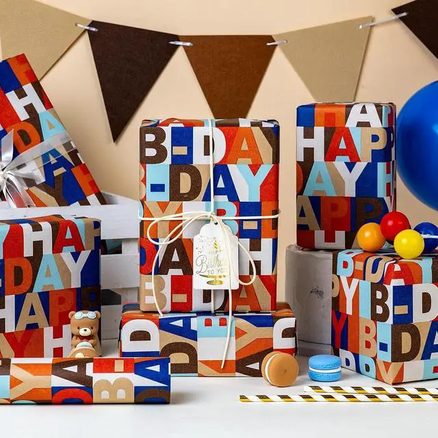 Alt view image 5 of 6 - MAYPLUSS Birthday Wrapping Paper Roll, 17IN X 16.5FT Kraft Happy Birthday