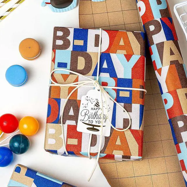 Alt view image 6 of 6 - MAYPLUSS Birthday Wrapping Paper Roll, 17IN X 16.5FT Kraft Happy Birthday