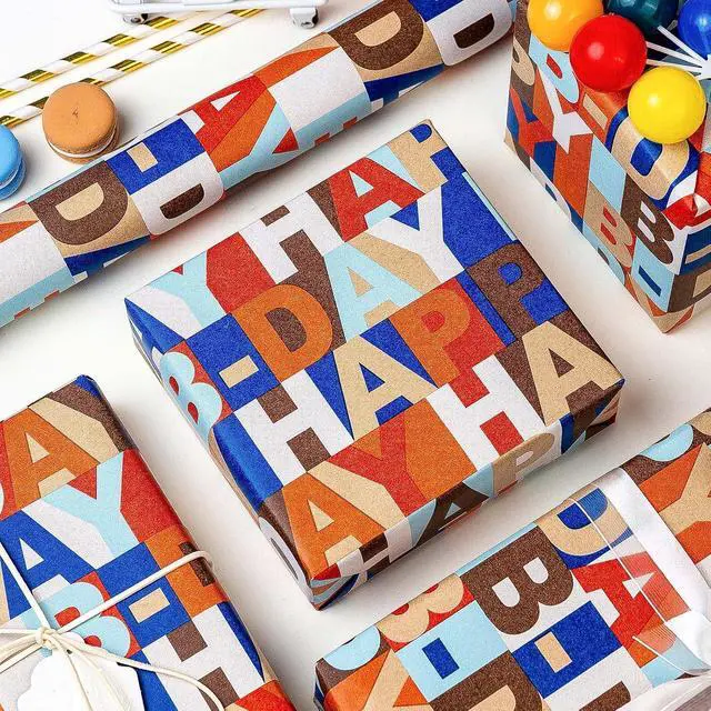 Alt view image 3 of 6 - MAYPLUSS Birthday Wrapping Paper Roll, 17IN X 16.5FT Kraft Happy Birthday