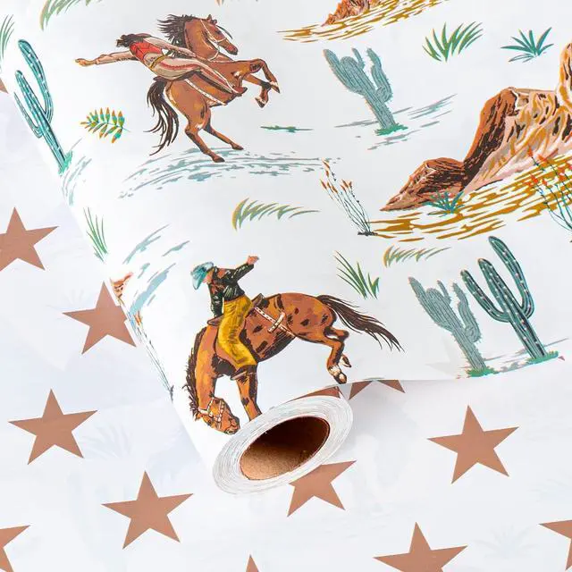Main image of Homeral Reversible Cowboy Wrapping Paper Roll - 17In x 16.5Ft Western Gift Wrap with Rodeo Horse and Star Pattern for Boys Birthday, Fathers Day, Bachelor Party, Christmas, Farm Theme, Holiday