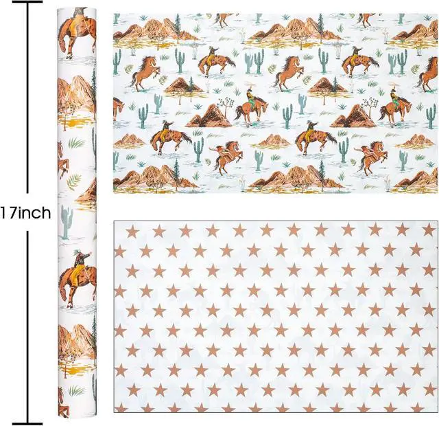 Alt view image 2 of 7 - Homeral Reversible Cowboy Wrapping Paper Roll - 17In x 16.5Ft Western Gift Wrap with Rodeo Horse and Star Pattern for Boys Birthday, Fathers Day, Bachelor Party, Christmas, Farm Theme, Holiday