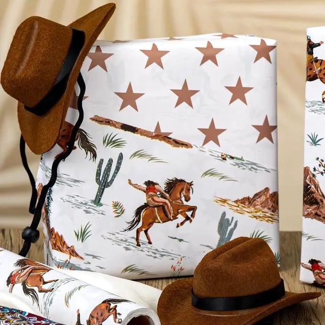 Alt view image 3 of 7 - Homeral Reversible Cowboy Wrapping Paper Roll - 17In x 16.5Ft Western Gift Wrap with Rodeo Horse and Star Pattern for Boys Birthday, Fathers Day, Bachelor Party, Christmas, Farm Theme, Holiday