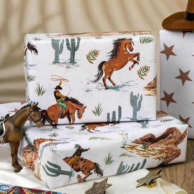 Alt view image 4 of 7 - Homeral Reversible Cowboy Wrapping Paper Roll - 17In x 16.5Ft Western Gift Wrap with Rodeo Horse and Star Pattern for Boys Birthday, Fathers Day, Bachelor Party, Christmas, Farm Theme, Holiday