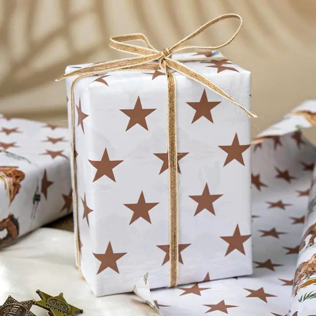 Alt view image 5 of 7 - Homeral Reversible Cowboy Wrapping Paper Roll - 17In x 16.5Ft Western Gift Wrap with Rodeo Horse and Star Pattern for Boys Birthday, Fathers Day, Bachelor Party, Christmas, Farm Theme, Holiday