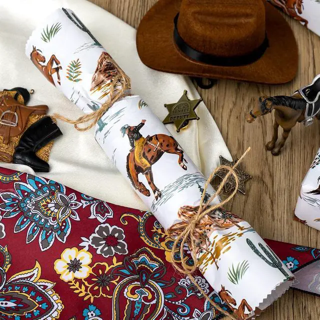 Alt view image 7 of 7 - Homeral Reversible Cowboy Wrapping Paper Roll - 17In x 16.5Ft Western Gift Wrap with Rodeo Horse and Star Pattern for Boys Birthday, Fathers Day, Bachelor Party, Christmas, Farm Theme, Holiday