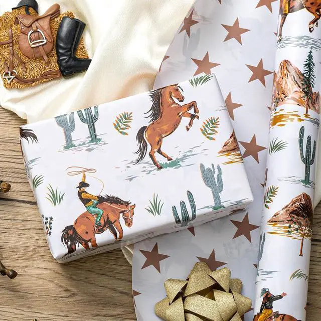Alt view image 6 of 7 - Homeral Reversible Cowboy Wrapping Paper Roll - 17In x 16.5Ft Western Gift Wrap with Rodeo Horse and Star Pattern for Boys Birthday, Fathers Day, Bachelor Party, Christmas, Farm Theme, Holiday