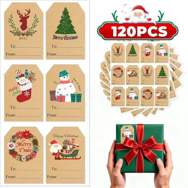 Alt view image 3 of 7 - Trazzo Kraft Christmas Gift Tags Self-Adhesive Christmas Name Tag Stickers, Christmas Decorations for Gifts, Holiday Santa to from Gift Tag Stickers, Festival Wrapping Label Tags (120 PCS)