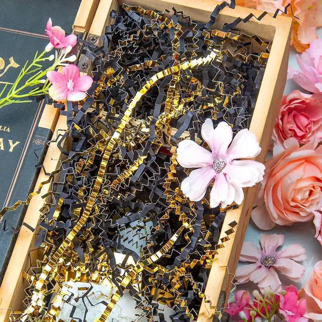 Alt view image 4 of 5 - Caleihd 5.3oz Crinkle Cut Paper Shredded Paper for Gift Baskets Gift Boxes Filler, Wedding Birthday Christmas Easter Valentines Packing Wrapping Paper Gold&Black