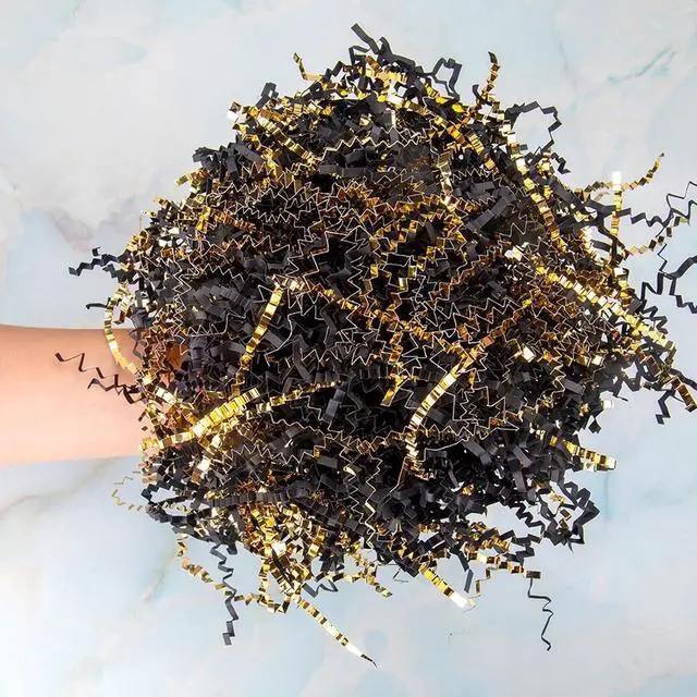 Alt view image 5 of 5 - Caleihd 5.3oz Crinkle Cut Paper Shredded Paper for Gift Baskets Gift Boxes Filler, Wedding Birthday Christmas Easter Valentines Packing Wrapping Paper Gold&Black
