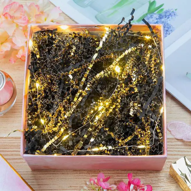 Alt view image 3 of 5 - Caleihd 5.3oz Crinkle Cut Paper Shredded Paper for Gift Baskets Gift Boxes Filler, Wedding Birthday Christmas Easter Valentines Packing Wrapping Paper Gold&Black