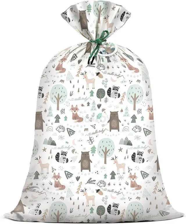 Main image of Extra Large Woodland Animal Baby Shower Plastic Gift Bags 56*36 Inch Jumbo Forest Animal Present Gift Bag Baby Girls Boys Newborn Parties Favors Decorations Hello Baby Whimsical Hand Drawn Style