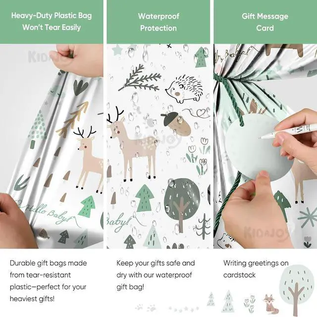 Alt view image 4 of 7 - Extra Large Woodland Animal Baby Shower Plastic Gift Bags 56*36 Inch Jumbo Forest Animal Present Gift Bag Baby Girls Boys Newborn Parties Favors Decorations Hello Baby Whimsical Hand Drawn Style