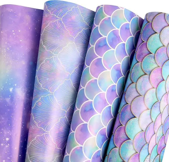 Main image of Birthday Wrapping Paper Folded for Girls Kids Baby Women Mermaid Scale Scallop Galaxy 4 Styles of Gift Wrapping Paper for Weddings Graduation Anniversaries 12 Sheets 20 X 29 Inch
