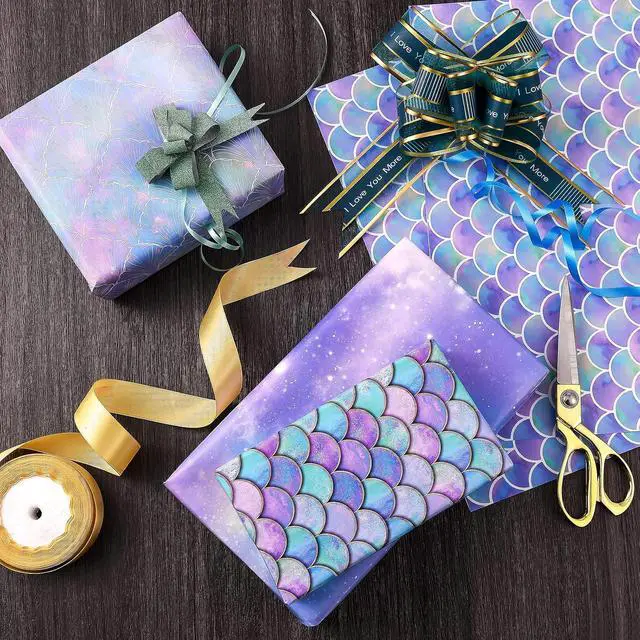 Alt view image 2 of 7 - Birthday Wrapping Paper Folded for Girls Kids Baby Women Mermaid Scale Scallop Galaxy 4 Styles of Gift Wrapping Paper for Weddings Graduation Anniversaries 12 Sheets 20 X 29 Inch