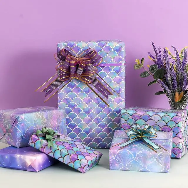 Alt view image 3 of 7 - Birthday Wrapping Paper Folded for Girls Kids Baby Women Mermaid Scale Scallop Galaxy 4 Styles of Gift Wrapping Paper for Weddings Graduation Anniversaries 12 Sheets 20 X 29 Inch