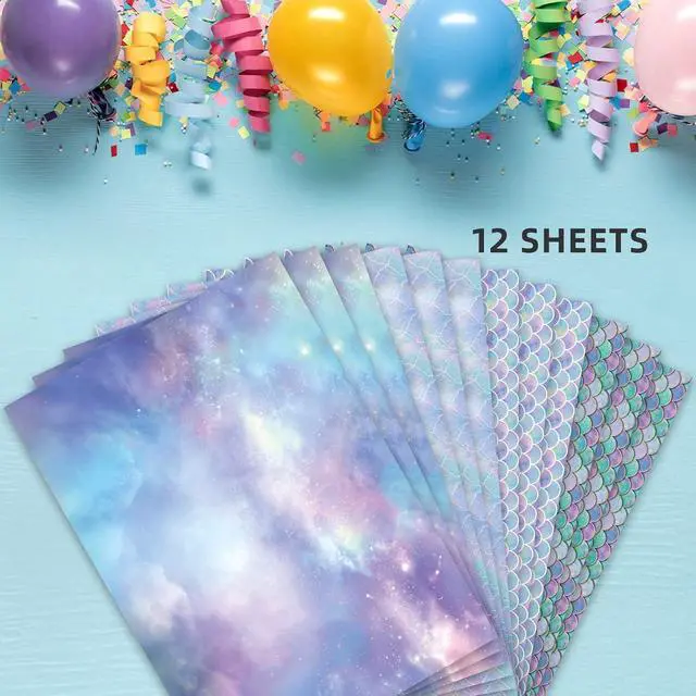 Alt view image 5 of 7 - Birthday Wrapping Paper Folded for Girls Kids Baby Women Mermaid Scale Scallop Galaxy 4 Styles of Gift Wrapping Paper for Weddings Graduation Anniversaries 12 Sheets 20 X 29 Inch
