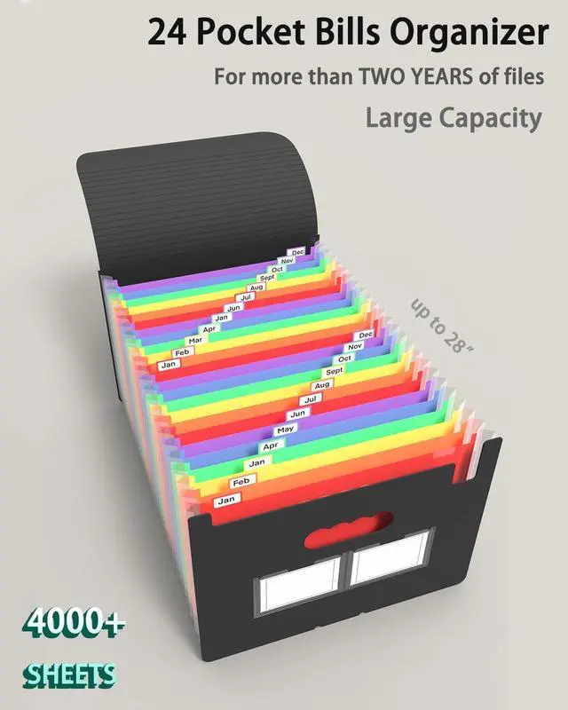 Alt view image 2 of 7 - Expanding File Folder, 24 Pocket Accordion A4 Letter Size Portable Document Organizer with Colored Tabs, Expandable Bill Coupon Folder - Black