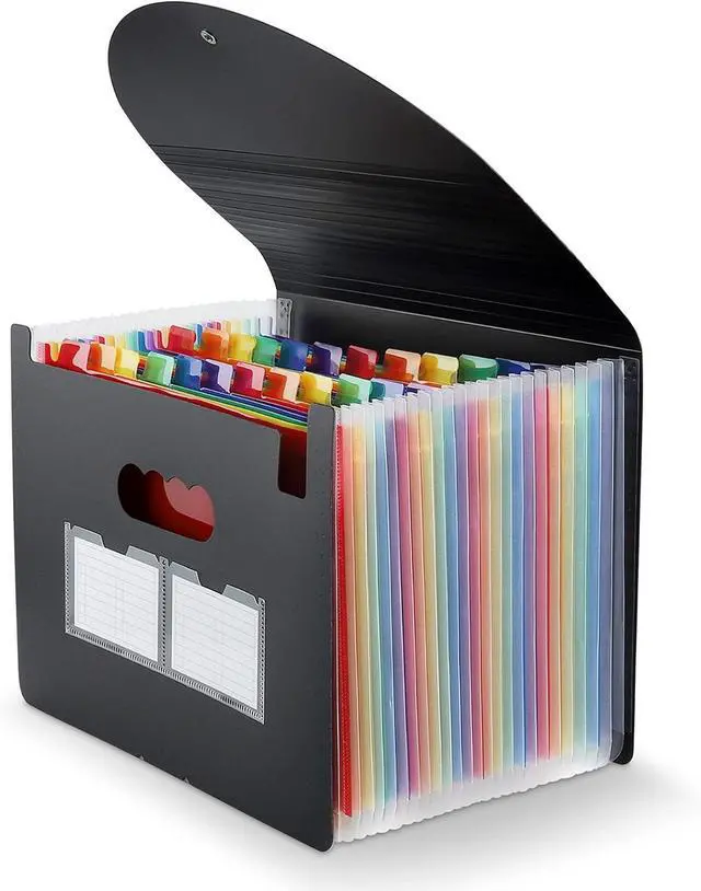 Main image of Expanding File Folder, 24 Pocket Accordion A4 Letter Size Portable Document Organizer with Colored Tabs, Expandable Bill Coupon Folder - Black
