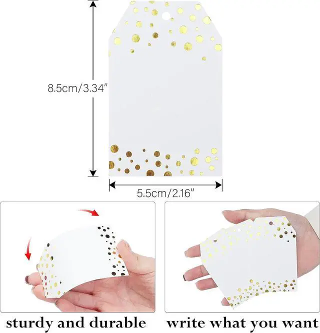 Alt view image 2 of 6 - jijAcraft 100Pcs Gift Tags with String, Foil Gold Dots Blank Tags, 3.3x2.2Inch White Paper Tag, Party Favors Hanging Name Labels for Baby Shower, Birthday, Wedding