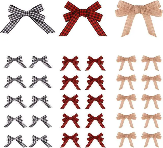 Main image of Meseey 30pcs 2.4" Mini Buffalo Check Plaid Red and Black Ribbon Twist Tie Burlap Bow White and Black Gingham Ribbon Double Bows for Packages Gift Wrapping Christmas Decoration