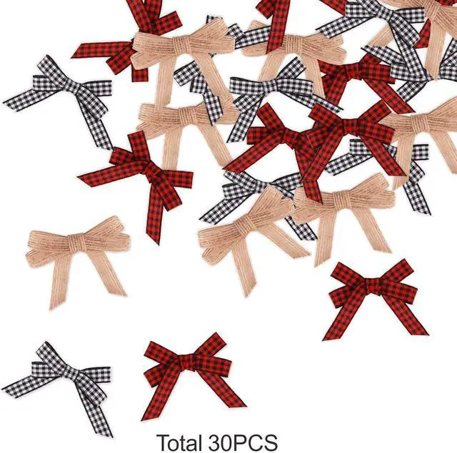 Alt view image 3 of 7 - Meseey 30pcs 2.4" Mini Buffalo Check Plaid Red and Black Ribbon Twist Tie Burlap Bow White and Black Gingham Ribbon Double Bows for Packages Gift Wrapping Christmas Decoration