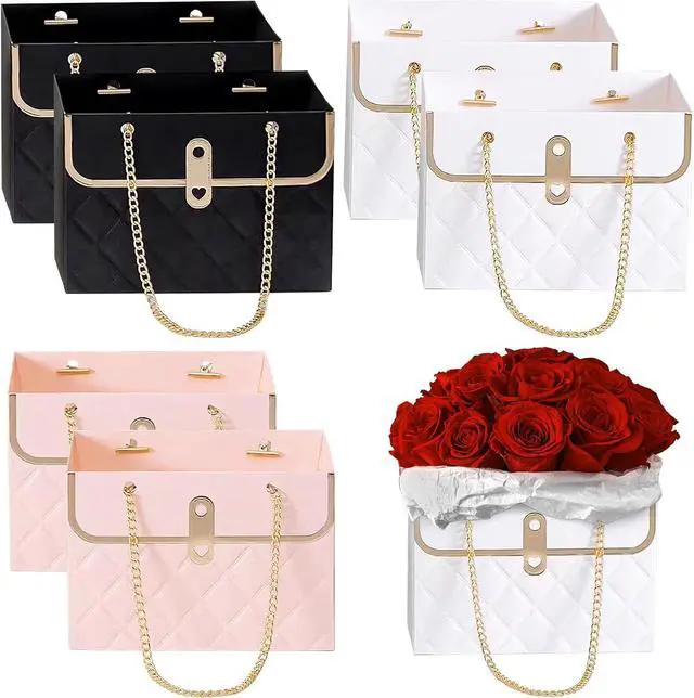 Main image of Flower Paper Gift Box with Metal Chain 6PCS Bouquet Storage Bucket Florist Bag with Handle Gift Case for Arrangements Wedding Gift Wrap Bags Pastel Gift Bags