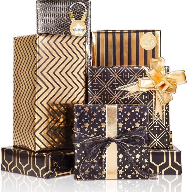 Main image of Larcenciel Gift Wrapping Paper Set, 6 Sheets Metallic Black Gold Foil Wrapping Paper w/Gift Bow & Sticker, Shiny Luxury Men Boys Gift Wraps for Birthday, Holiday, Graduation, Baby Shower, 27.5x19.6in