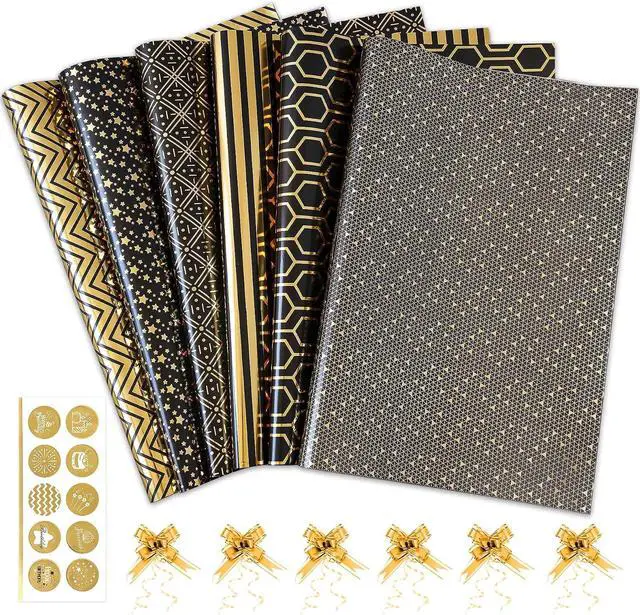 Alt view image 2 of 7 - Larcenciel Gift Wrapping Paper Set, 6 Sheets Metallic Black Gold Foil Wrapping Paper w/Gift Bow & Sticker, Shiny Luxury Men Boys Gift Wraps for Birthday, Holiday, Graduation, Baby Shower, 27.5x19.6in