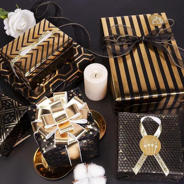 Alt view image 3 of 7 - Larcenciel Gift Wrapping Paper Set, 6 Sheets Metallic Black Gold Foil Wrapping Paper w/Gift Bow & Sticker, Shiny Luxury Men Boys Gift Wraps for Birthday, Holiday, Graduation, Baby Shower, 27.5x19.6in