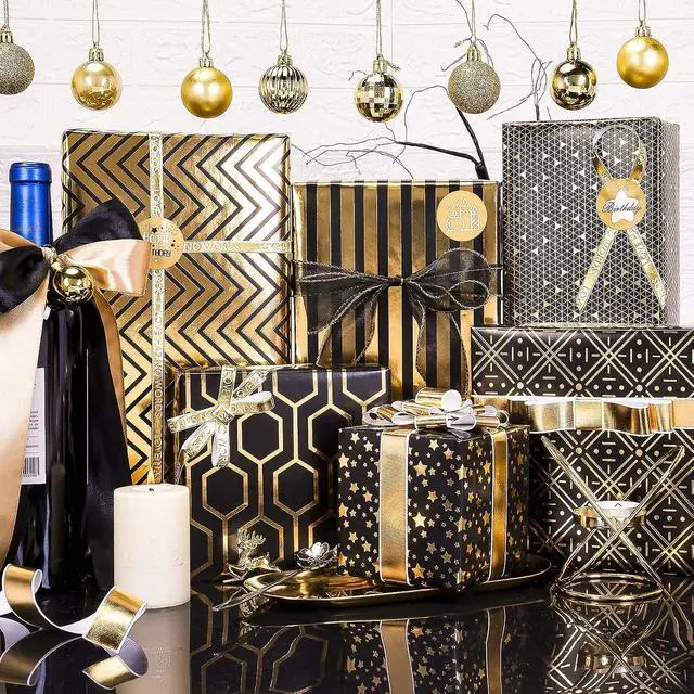 Alt view image 4 of 7 - Larcenciel Gift Wrapping Paper Set, 6 Sheets Metallic Black Gold Foil Wrapping Paper w/Gift Bow & Sticker, Shiny Luxury Men Boys Gift Wraps for Birthday, Holiday, Graduation, Baby Shower, 27.5x19.6in