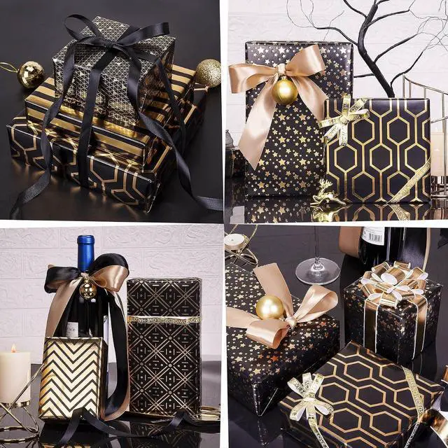 Alt view image 5 of 7 - Larcenciel Gift Wrapping Paper Set, 6 Sheets Metallic Black Gold Foil Wrapping Paper w/Gift Bow & Sticker, Shiny Luxury Men Boys Gift Wraps for Birthday, Holiday, Graduation, Baby Shower, 27.5x19.6in