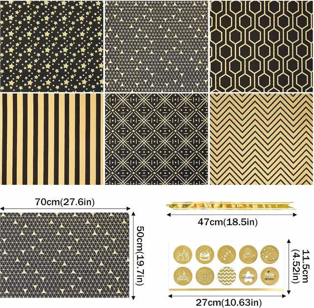 Alt view image 7 of 7 - Larcenciel Gift Wrapping Paper Set, 6 Sheets Metallic Black Gold Foil Wrapping Paper w/Gift Bow & Sticker, Shiny Luxury Men Boys Gift Wraps for Birthday, Holiday, Graduation, Baby Shower, 27.5x19.6in