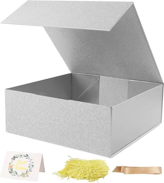 Main image of LumyHavver Gift Box 9.65x9.65x3.6 Inches with Magnetic Lid, Silvery Collapsible Box with Ribbon, Raffia Grass, Card for Birthdays, Christmas, or Parties, Gift Packaging