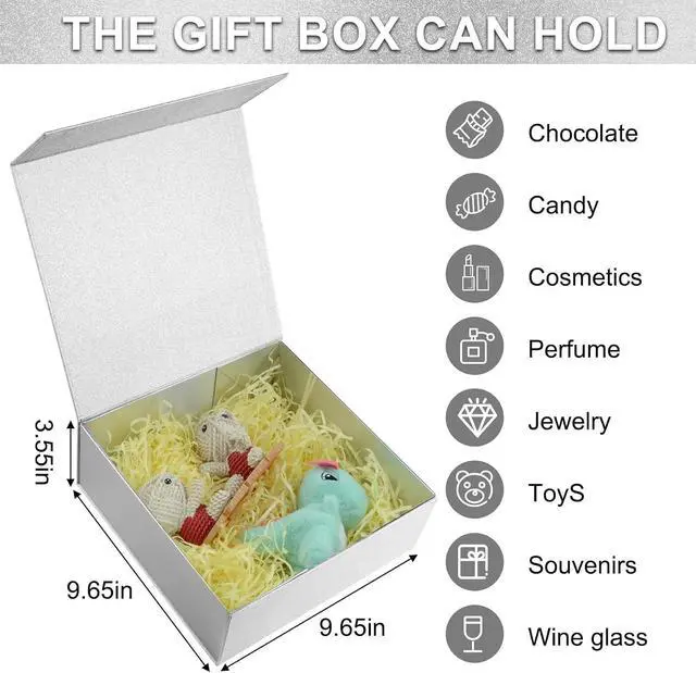 Alt view image 2 of 7 - LumyHavver Gift Box 9.65x9.65x3.6 Inches with Magnetic Lid, Silvery Collapsible Box with Ribbon, Raffia Grass, Card for Birthdays, Christmas, or Parties, Gift Packaging